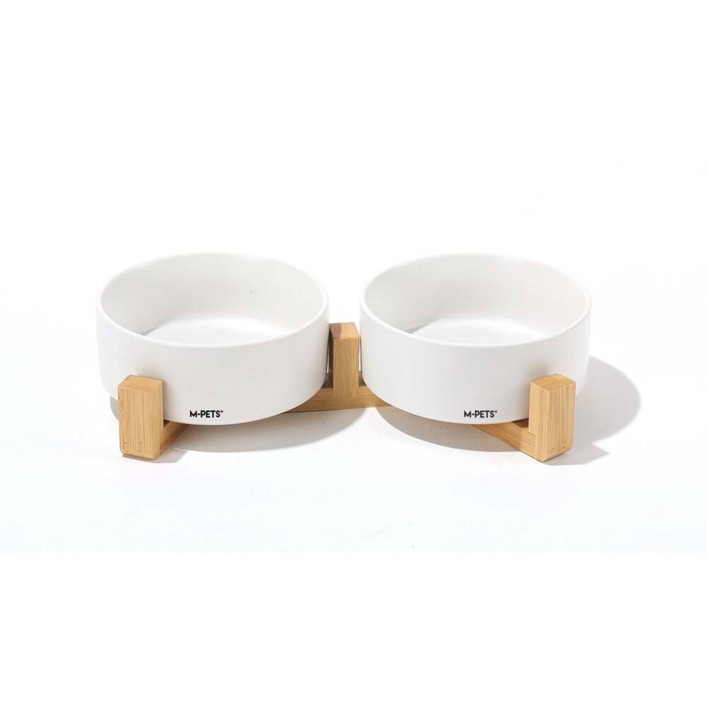 M-Pets Opera Bambu Standlı Seramik Kedi Mama ve Su Kabı 2x350ml Beyaz