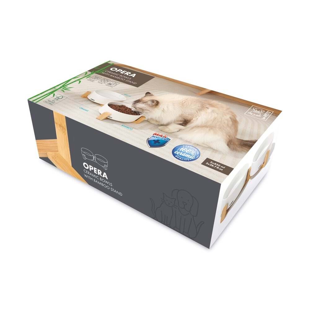 M-Pets Opera Bambu Standlı Seramik Kedi Mama ve Su Kabı 2X850ML WHİTE