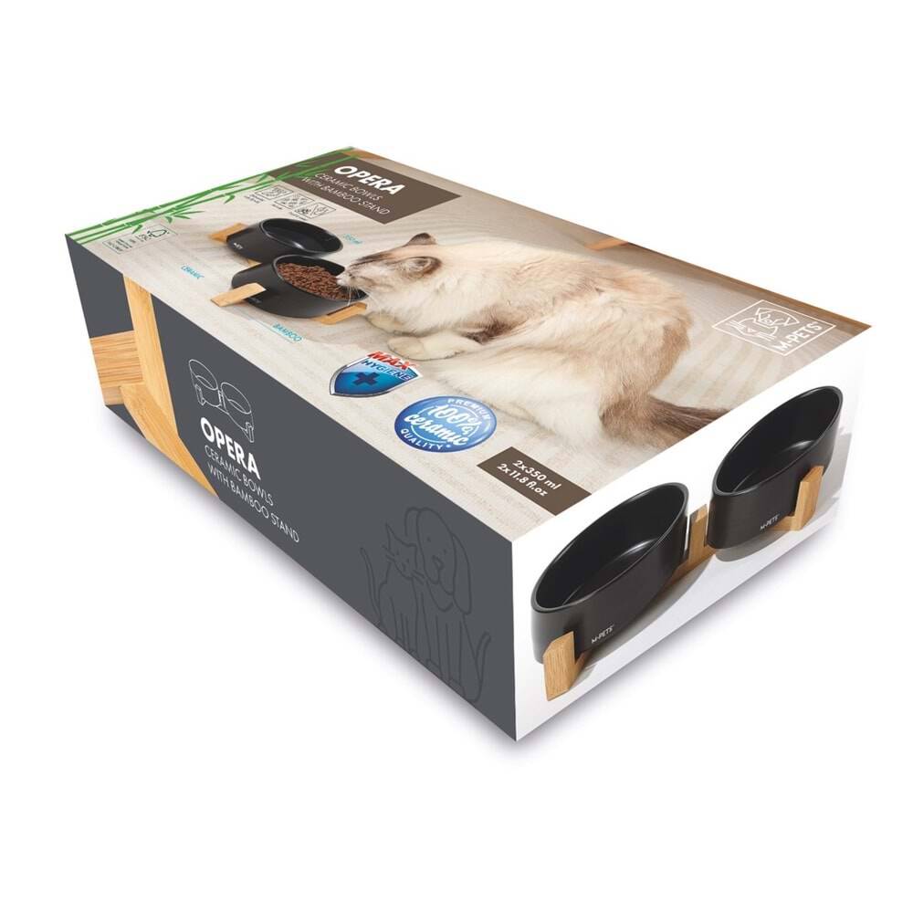 M-Pets Opera Bambu Standlı Seramik Kedi Mama ve Su Kabı  2X850ML BLACK