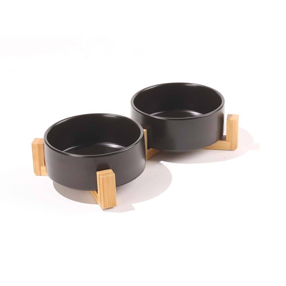 M-Pets Opera Bambu Standlı Seramik Kedi Mama ve Su Kabı 2X350ML BLACK