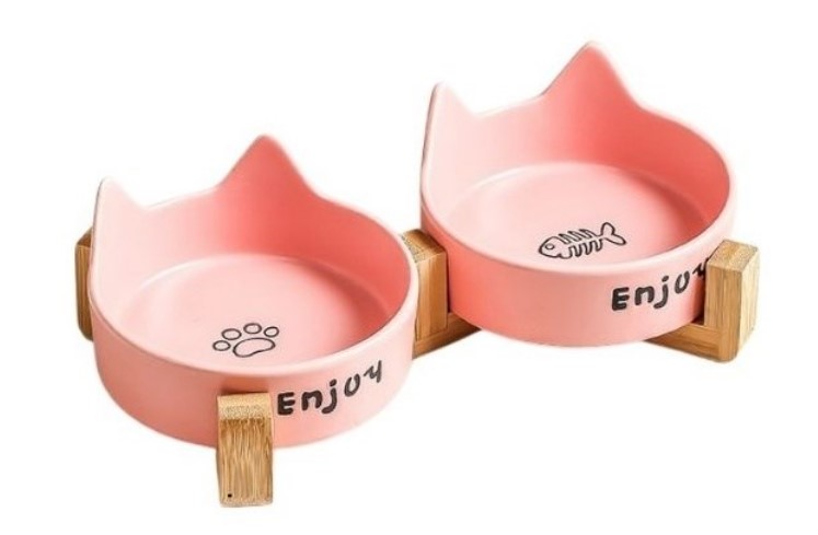Aquax İkili Kulaklı Bambu Seramik Mama ve Su Kabı Pembe