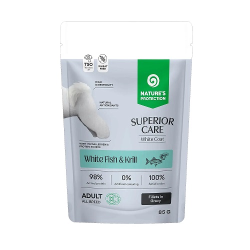 Natures Protection Superior Care Beyaz Tüylü Köpekler İçin Beyaz Balıklı Krilli Sos İçinde Yaş Köpek Maması 85g