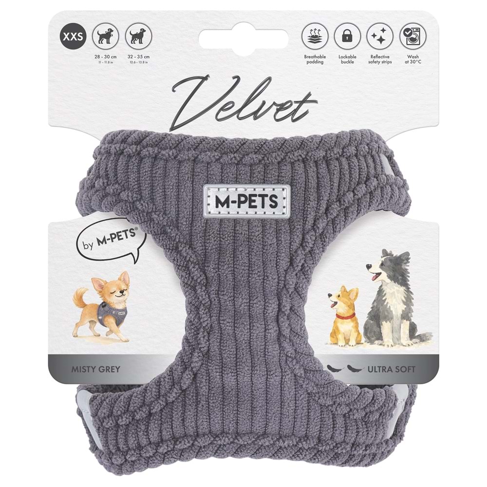 M-PETS VELVET DOG GÖĞÜS TASMASI GRİ (XXS)