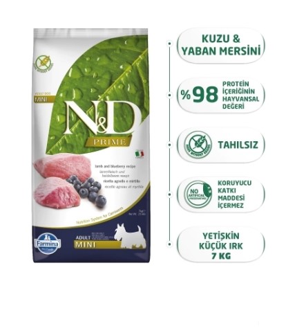 ND Dog Prime Adult Mini Kuzu/Yaban Mersini Tahılsız Köpek Maması 7 Kg