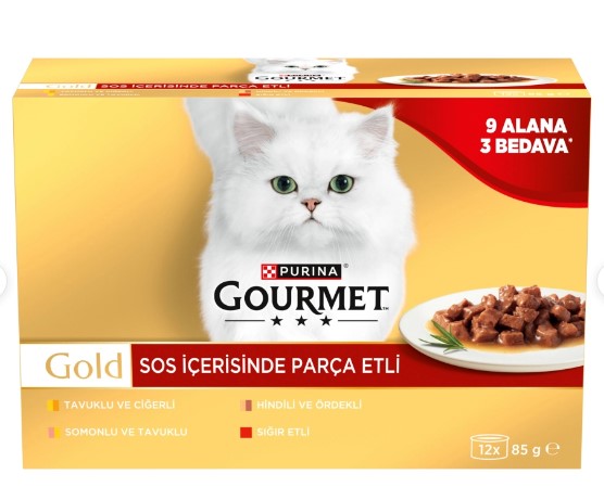Gourmet Gold Soslu Parça Etli Karışık Çeşitli Kedi Konservesi 12x85gr (12 AL 9 ÖDE)