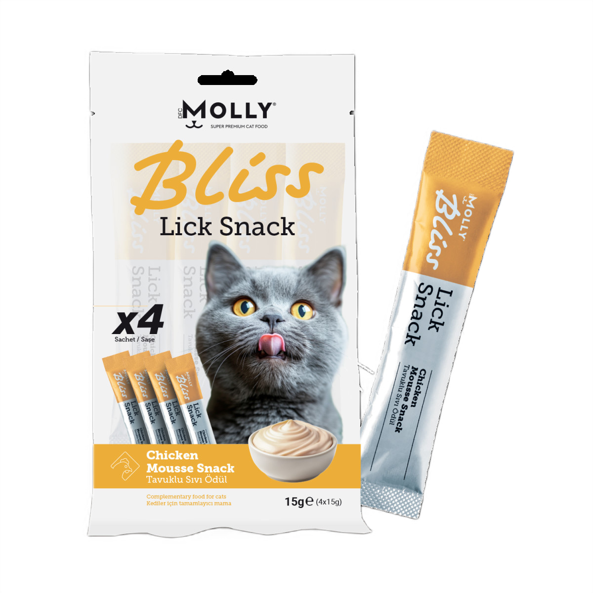 Molly Bliss Kedi Lick Snack Tavuklu Sıvı Ödül Maması 4*15 gr