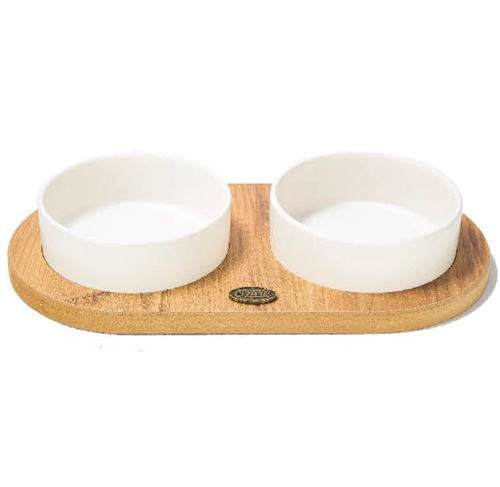 İkili Oval Ahşap Seramik Mama ve Su Kabı BEYAZ