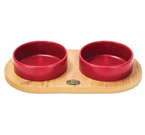 İkili Oval Ahşap Seramik Mama ve Su Kabı KIRMIZI