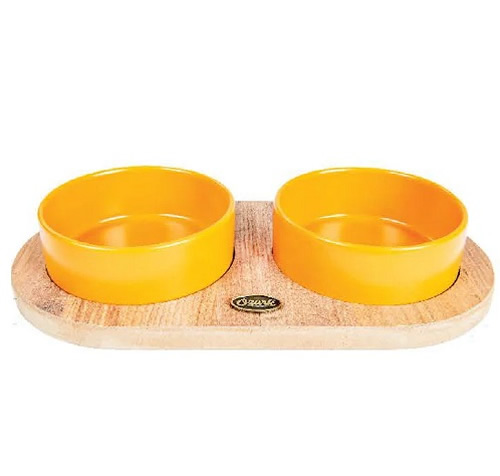 İkili Oval Ahşap Seramik Mama ve Su Kabı HARDAL