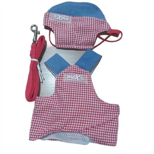 Maxdesing Kırmızı Ekose Desenli Göğüs Tasması Şapka Sevk Kayışlı Köpek Kıyafeti S 