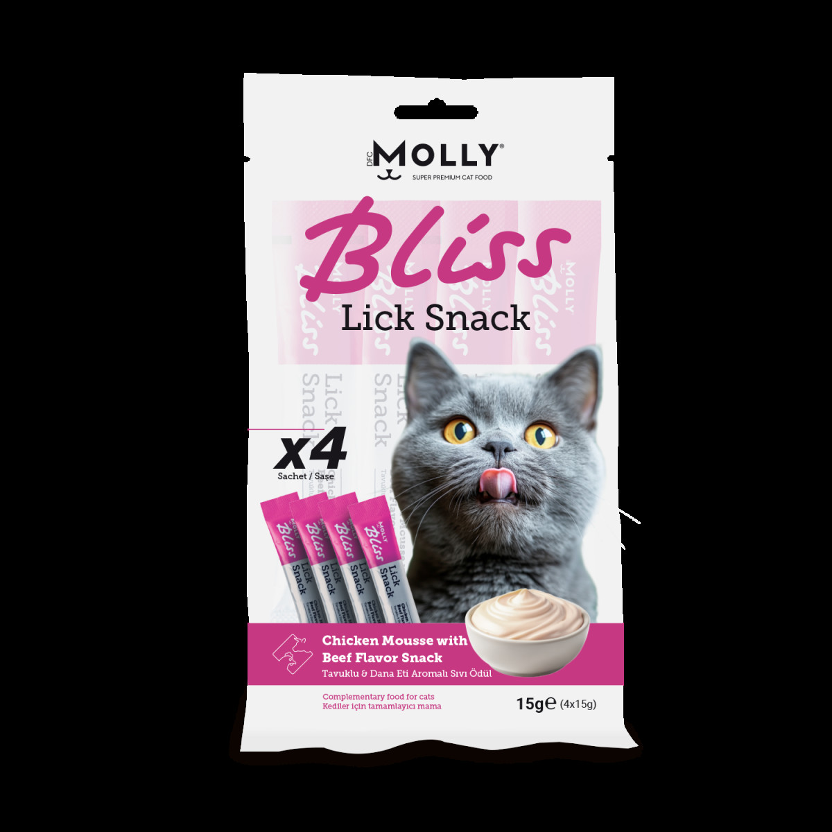 Molly Bliss Kedi Lick Snack Tavuk Dana Etli Sıvı Ödül Maması 4*15 gr