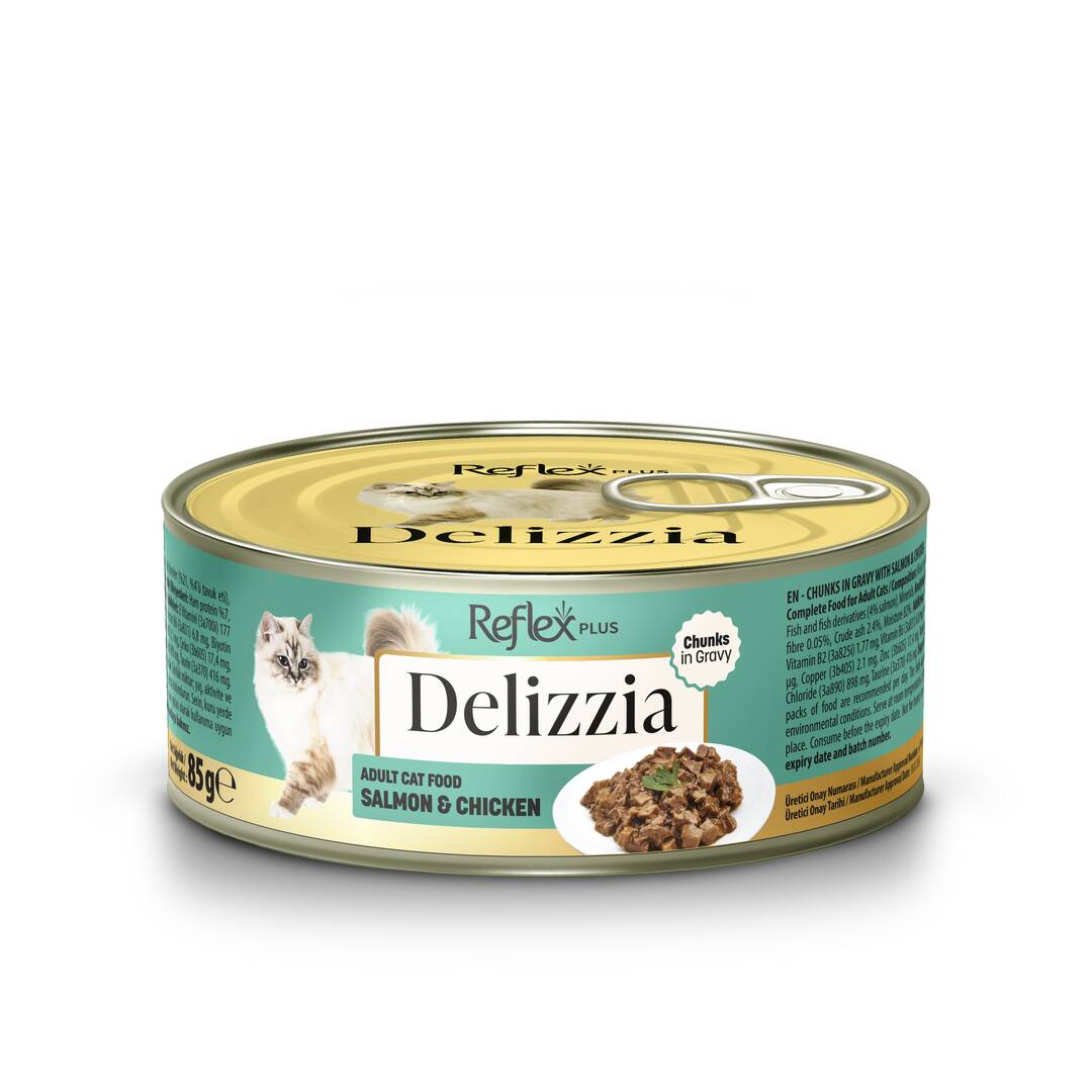 Reflex Plus Delizzia Sos İçinde Parça Etli Somonlu ve Tavuklu Kedi Konservesi 85 gr