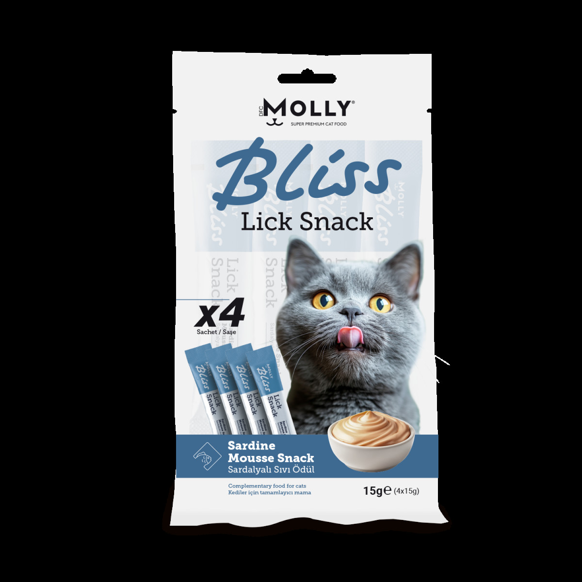 Molly Bliss Kedi Lick Snack Sardalyalı Sıvı Ödül Maması 4*15 gr